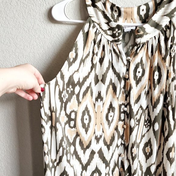 CALVIN KLEIN Patterned Cream, Orange, Brown Top | Sleeveless Button Blouse Shirt - Picture 4 of 7